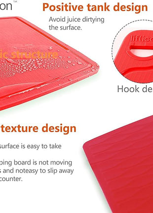 Liflicon Thick Silicone Cutting Boards for Kitchen Silicone Chopping Boards/Mats Set of 2 Extra Large14.6''x10.43'', Mini 9.1”x7.1” Non-slip Deep Drip Juice Groove, Dishwasher Safe-Red