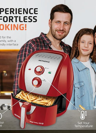 MONDIAL Air Fryer - 8.6 Quart Extra-Large Air Fryer, 2 Simple Dial Controls, 1800 Watts - Quick Heat Circulation Technology, Low Fat Cooking Less Calories - Removable Squared Basket - Red