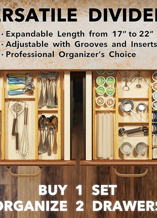 SpaceAid Bamboo Drawer Dividers with Inserts and Labels, Kitchen Adjustable Drawer Organizers, Expandable Organization for Home, Office, Dressers, 7 Dividers with 15 Inserts (17"-22" Natural)