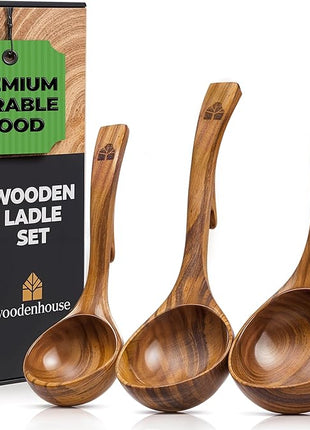 Wooden Ladle for Soup, 3 Size Teak Wood Ladle Spoon with Back Hooks for Pot & Bowl, Non-Stick Wooden Spoon Set for Cooking, Serving and Stirring