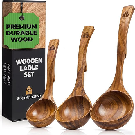 Wooden Ladle for Soup, 3 Size Teak Wood Ladle Spoon with Back Hooks for Pot & Bowl, Non-Stick Wooden Spoon Set for Cooking, Serving and Stirring