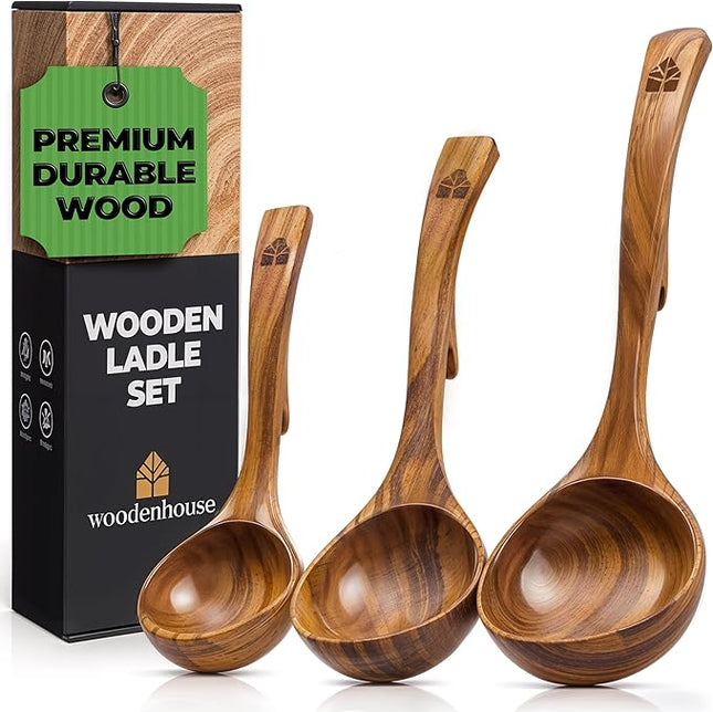 Wooden Ladle for Soup, 3 Size Teak Wood Ladle Spoon with Back Hooks for Pot & Bowl, Non-Stick Wooden Spoon Set for Cooking, Serving and Stirring