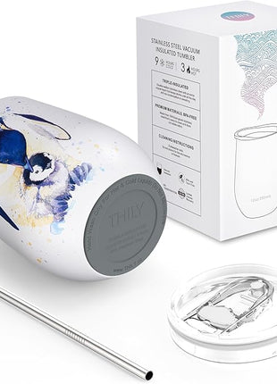 THILY Wine Tumbler Stainless Steel Insulated Stemless Wine Glass with Lid and Straw, Cute Cup Keep Cold for Coffee, Cocktails, Special Collection, Penguin