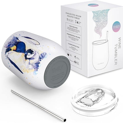 THILY Wine Tumbler Stainless Steel Insulated Stemless Wine Glass with Lid and Straw, Cute Cup Keep Cold for Coffee, Cocktails, Special Collection, Penguin