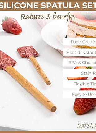 Silicone Spatula set of 2 with wooden handle and stunning pattern (Red)
