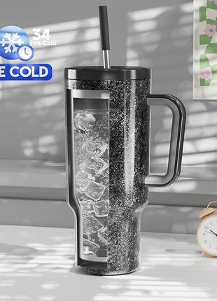 Meoky 40 oz Tumbler with Handle and Straw: Stainless Steel Insulated Tumbler with Lid and Straw - 100% Leak Proof Tumbler for Car Cup Holders - Travelers Commuters Workers, Midnight