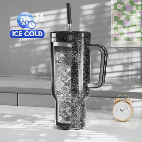 Meoky 40 oz Tumbler with Handle and Straw: Stainless Steel Insulated Tumbler with Lid and Straw - 100% Leak Proof Tumbler for Car Cup Holders - Travelers Commuters Workers, Midnight