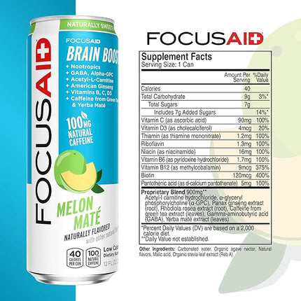 FOCUSAID Energy Blend, Brain Boosting Nootropics Drink, Alpha-GPC, GABA, B-Complex, Yerba Mate, Green Tea, 100% Clean, 100mg Natural Caffeine, 12-oz. can, 12 Pack