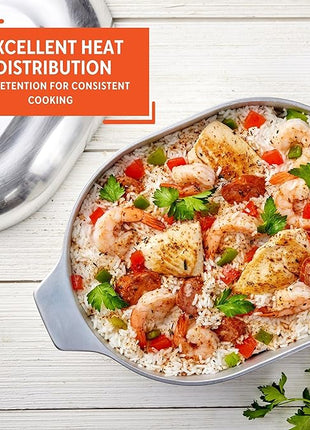 IMUSA 13in Cajun Cast Aluminum Oval Roaster with Lid, Durable Baking and Roasting Pan for Chicken, Meats, and Traditional Cooking