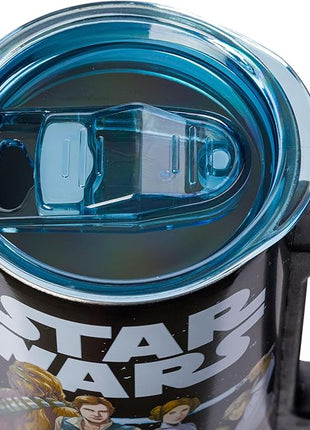 Silver Buffalo Star Wars Featuring Luke Skywalker, Princess Leia, Hans Solo, Chewbacca, Yoda, R2-D2, and C-3PO Double Wall Stainless Steel Travel Mug With Handle, 15 Ounces