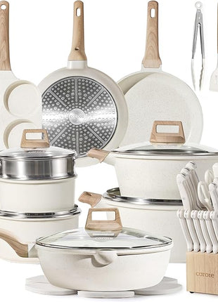 CAROTE ICE 35pcs Pots and Pans Set, Nonstick Cookware Sets, White Granite Induction Cookware with Kitchen Knife Set