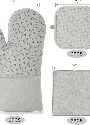 KEGOUU Oven Mitts and Pot Holders 6pcs Set, Kitchen Oven Glove High Heat Resistant 500 Degree Extra Long Oven Mitts and Potholder with Non-Slip Silicone Surface for Cooking （Greenish Gary）