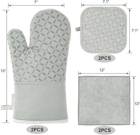 KEGOUU Oven Mitts and Pot Holders 6pcs Set, Kitchen Oven Glove High Heat Resistant 500 Degree Extra Long Oven Mitts and Potholder with Non-Slip Silicone Surface for Cooking （Greenish Gary）