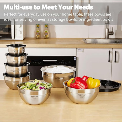 YIHONG 7 Piece Metal Mixing Bowls with Lids for Kitchen, Stainless Steel Set Ideal for Baking, Prepping, Cooking and Serving Food, Nesting Design for Space Saving Storage(Black)