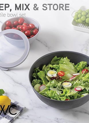 COOK WITH COLOR Mixing Bowls with Lids - 12 Piece Plastic Nesting Bowls Set includes 6 Prep Bowls and 6 Lids, Rhombus Design - Microwave Safe (Grey)