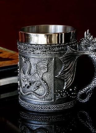 Medieval Roaring Dragon Coffee Mug - Dungeons and Dragons Beer Stein Tankard Drink Cup - 15.8oz Stainless Mug for GOT Dragon Lovers Collector Ideal Novelty Gothic Father Day Gift Party Decoration