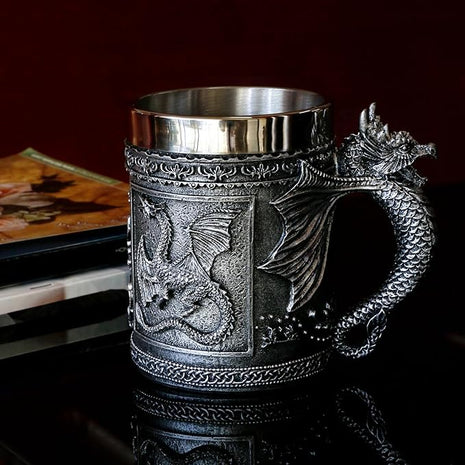 Medieval Roaring Dragon Coffee Mug - Dungeons and Dragons Beer Stein Tankard Drink Cup - 15.8oz Stainless Mug for GOT Dragon Lovers Collector Ideal Novelty Gothic Father Day Gift Party Decoration
