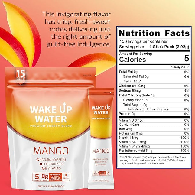 Wake Up Water Energy Drink Mix, Sugar Free Clean Energy Powder with Electrolytes & B Vitamins, Natural Caffeine for Focus & Hydration (15 Pack) - Mango