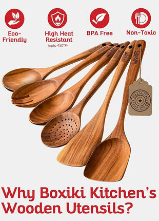 Boxiki Kitchen Luxury Teak Wood Utensil Set - Elegant 6-Piece Cooking Ensemble Including Spoons, Server, Scraper & Spatula - Expertly Crafted for Culinary Excellence