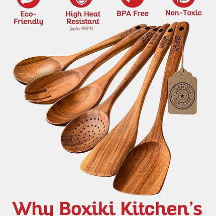 Boxiki Kitchen Luxury Teak Wood Utensil Set - Elegant 6-Piece Cooking Ensemble Including Spoons, Server, Scraper & Spatula - Expertly Crafted for Culinary Excellence
