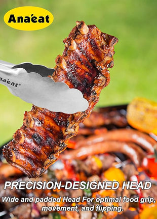 Anaeat 7" Mini Cooking Tong Stainless Steel - Sturdy Coiled Spring Locking Kitchen Food Tong with Non-Slip Silicone Grip for Serving, Cooking, Baking - Heat Resistant up to 480°F (Black)