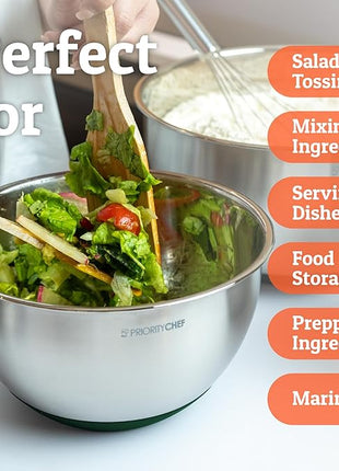 Priority Chef Premium Mixing Bowls With Airtight Lids Set, Thicker Stainless Steel Mixing Bowl Set, Large Prep Metal Bowls with Lids, Nesting Bowls for Kitchen, 1.5/2/3/4/5 Qrt, Green