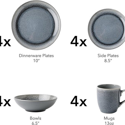 FAIT Round Stoneware 16pc Dinnerware Set for 4, Dinner Plates, Side Plates, Cereal Bowls, Mugs - Reactive Glaze Grey (448158)