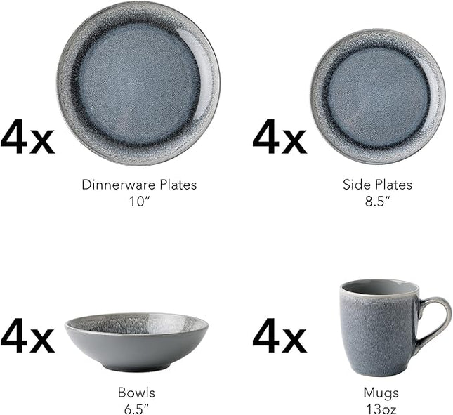 FAIT Round Stoneware 16pc Dinnerware Set for 4, Dinner Plates, Side Plates, Cereal Bowls, Mugs - Reactive Glaze Grey (448158)