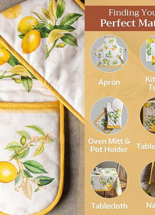 Maison d' Hermine Double Oven Mitts 100% Cotton 7"x35" Double Oven Mitt Heat Resistant BBQ Cooking Gloves with Loop, Baking, Grilling, Home, Kitchen, Handling Hot Pans Spring Summer (Limoncello)