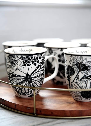 Karma Gifts 14 oz Black and White Boho Mug Sugar Skull - Cute Coffee and Tea Mug - Ceramic Coffee Mugs for Women and Men