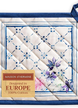 Maison d' Hermine Pot Holders 100% Cotton Heat Resistant Potholders 8" x 8" Hot Pads with Loop BBQ, Cooking, Baking, Grilling, Kitchen, Handling Hot Pans Spring/Summer (Pack of 1, Faience)