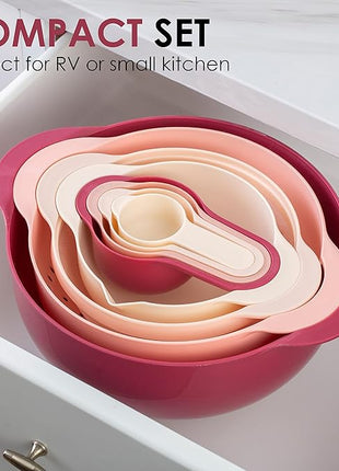 COOK WITH COLOR Nesting Bowls with Measuring Cups Colander and Sifter Set - Includes Mixing Bowls, Colander, Sifter and Measuring Cups, Rose, 8 Pc Bowl