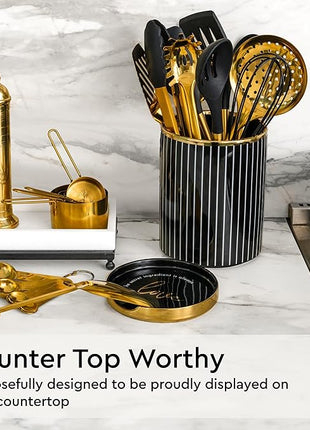 Black and Gold Kitchen Utensils Set - 19-PC Set Includes Stainless Steel and Silicone Cooking Utensils, Measuring Cups and Spoons - Black and Gold Kitchen Accessories for Stylish Cooking & Serving