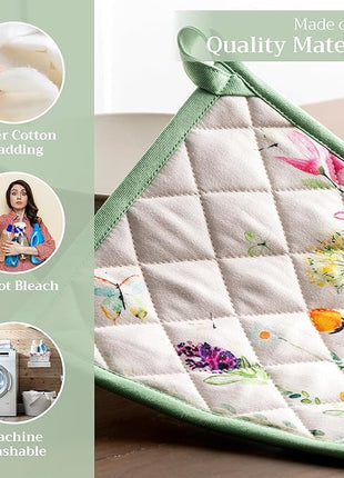 Maison d' Hermine Pot Holders 100% Cotton Heat Resistant Potholders 8" x 8" Hot Pads with Loop BBQ, Cooking, Baking, Grilling, Kitchen, Handling Hot Pans Spring/Summer (Pack of 1, Botanical Fresh)