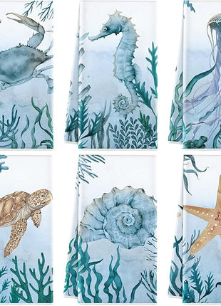 Boyiee Set of 6 Beach Kitchen Towels Sea Ocean Animal Nautical Tea Towels 24 x 16 Inches Kitchen Gifts Turtle Jellyfish Seahorse Hand Dishcloth for Farmhouse Bathroom Decorations