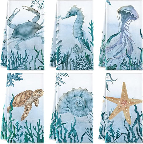 Boyiee Set of 6 Beach Kitchen Towels Sea Ocean Animal Nautical Tea Towels 24 x 16 Inches Kitchen Gifts Turtle Jellyfish Seahorse Hand Dishcloth for Farmhouse Bathroom Decorations