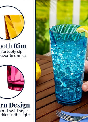 US Acrylic Optix Plastic Reusable Drinking Glasses (Set of 8) 26oz Iced-Tea Cups in Jewel Tone Colors | BPA-Free Tumblers, Made in USA | Top-Rack Dishwasher Safe