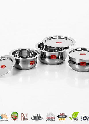 Sumeet Stainless Steel Cookware Set With Lid, 1.6, 2.1 Liters, 3 Piece (Steel)