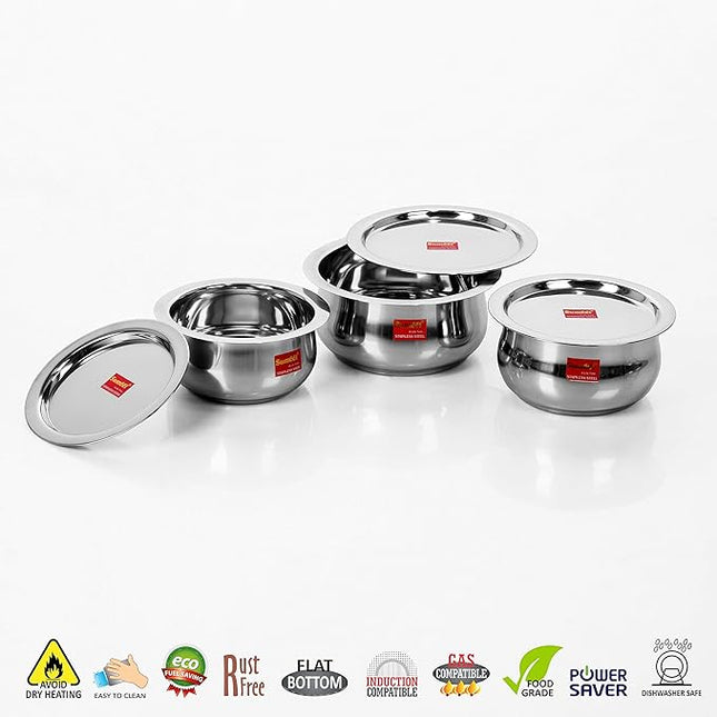 Sumeet Stainless Steel Cookware Set With Lid, 1.6, 2.1 Liters, 3 Piece (Steel)