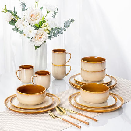 LERATIO Ceramic Dinnerware Sets for 4,16-PieceReactive Glaze Plates and Bowls Set with Mugs,Highly Chip and Crack Resistant | Dishwasher,Microwave & Oven Safe Dishes set-Kahki