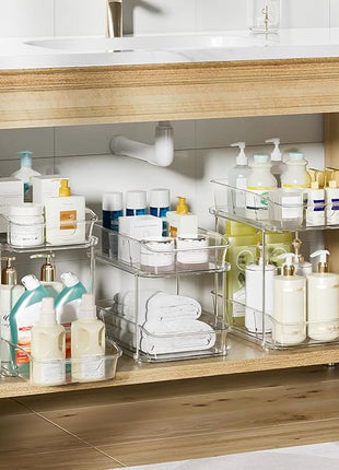 Delamu 2-Tier Under Sink Organizers and Storage, Multi-Purpose Stackable Bathroom Cabinet Organizers, Pull Out Kitchen Pantry Organization and Storage with Dividers(3 Pack, Clear)