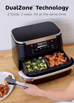 Ninja Foodi 6-in-1 FlexBasket Air Fryer with 7-QT MegaZone & Basket Divider for Large Proteins & Full Meals, Smart Finish Cook 2 Foods 2 Ways, Family Sized Capacity, Air Fry, Roast & More, Black DZ071