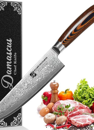 Damascus Chef Knife 8'' Professional 67-Layer VG10 Steel Core with Pakka Wood Handle, Ultra Sharp HRC 62 Kitchen Knife for Chopping Cutting Carving Gift Box for Kitchen Restaurant