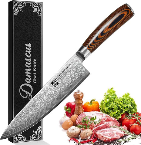 Damascus Chef Knife 8'' Professional 67-Layer VG10 Steel Core with Pakka Wood Handle, Ultra Sharp HRC 62 Kitchen Knife for Chopping Cutting Carving Gift Box for Kitchen Restaurant