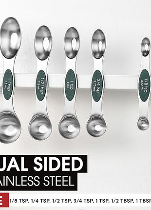 Spring Chef Stainless Steel Magnetic Measuring Spoons Set of 8 with Leveler, Stackable Magnetic Teaspoon & Tablespoon Set, Metal Kitchen Gadgets for Baking & Cooking, Fits in Spice Jars - Pine Green