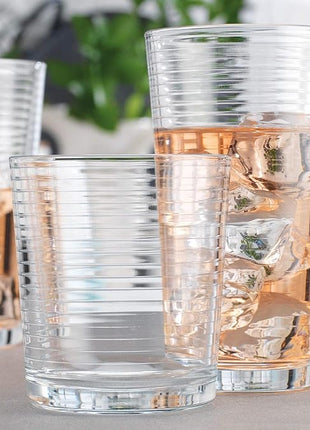 Drinking Glasses - Set of 8 Glass Cups, 4 Highball Glasses (17oz) 4 Rocks Glasses (13oz) Ribbed Glasses for Mixed Drinks, Water, Juice, beer, Wine, Excellent Gift!