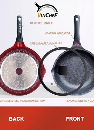 Vinchef Nonstick Skillet with Lid, 11In/5Qt Aluminum Deep Frying Pan with Lid and Heat Indicator, Anti Scratch and Anti Stain Deep Saute Pan, Induction Compatible