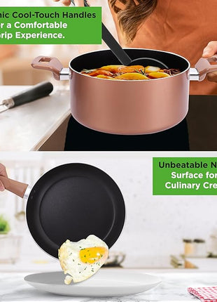 NutriChef 13 Pcs. Nonstick Kitchen Cookware PFOA/PFOS-Free Heat Resistant Kitchenware Set w/Saucepan, Frying Pans, Cooking Pots, Casserole, Lids, & Utensils, Brown, NCCWA13BR