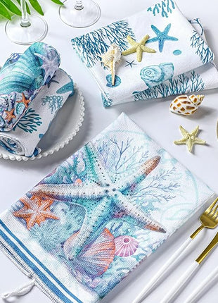 Boyiee Set of 6 Beach Kitchen Towels Coastal Ocean Dish Towels Sea Nautical Tea Towels Absorbent 24 x 16 Inches Shell Coral Starfish Hand Towels Summer Gifts for Farmhouse Kitchen Bathroom Decorations
