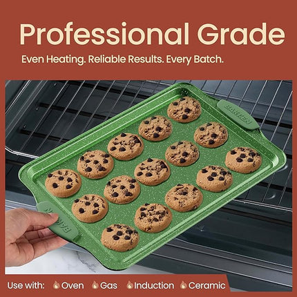 BAKKEN Kitchen Baking Pan Set - Nonstick Green Marble Coating, Carbon Steel Bakeware Sets with Green Silicone Handles, Kitchen Essentials, PFOA, PFOS, PTFE Free, Oven Safe (Up To 450° F), Set of 3